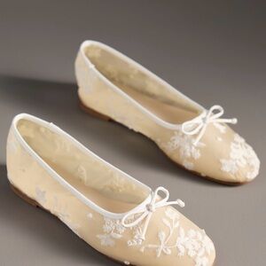 For Love And Lemons Beige Ballet Flats with White Floral Embroidery